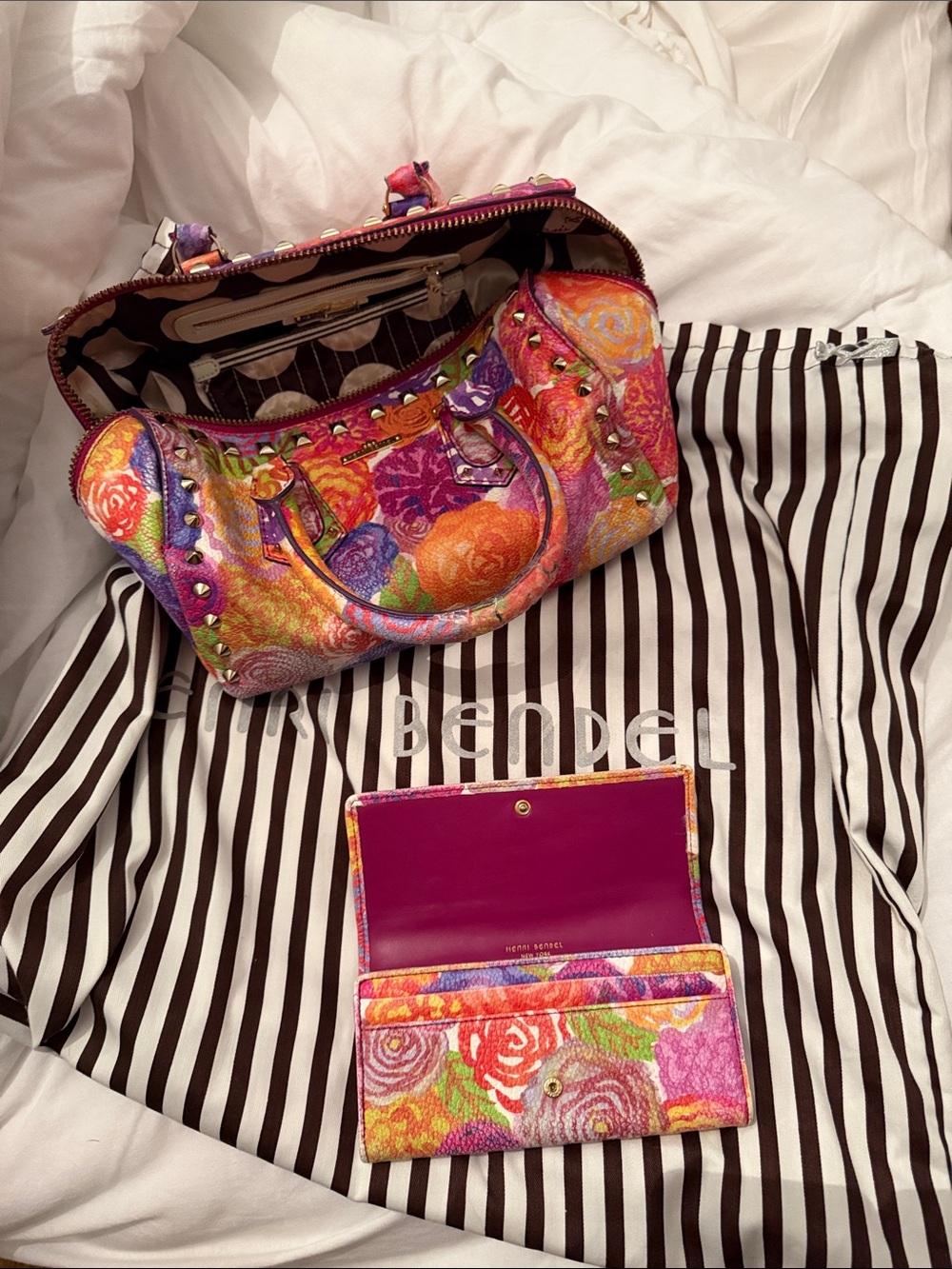 henri bendel Floral Studded Satchel and Wallet - Pink, Orange, Purple, Green